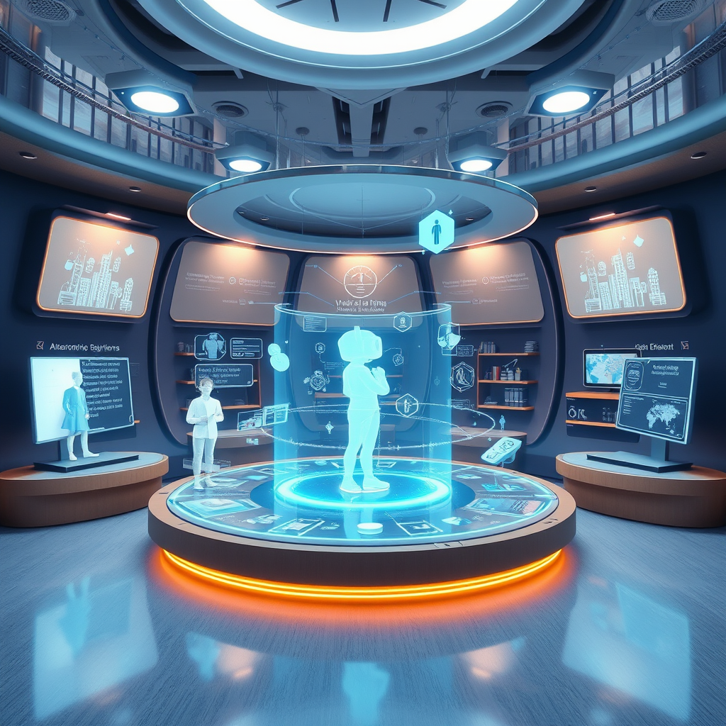 Virtual reality learning platform interface showing immersive 3D educational environment with holographic displays and interactive elements