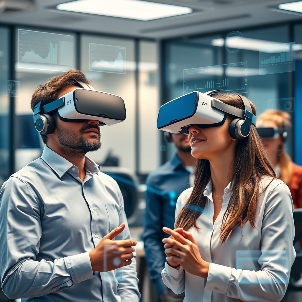 Corporate employees wearing VR headsets in a modern training facility, with holographic interfaces and data visualizations floating around them, showcasing advanced virtual reality training technology in a professional office environment