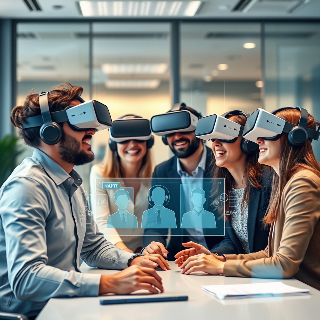 Professional team members wearing VR headsets collaborating in a modern office space with holographic displays and virtual meeting interfaces floating around them