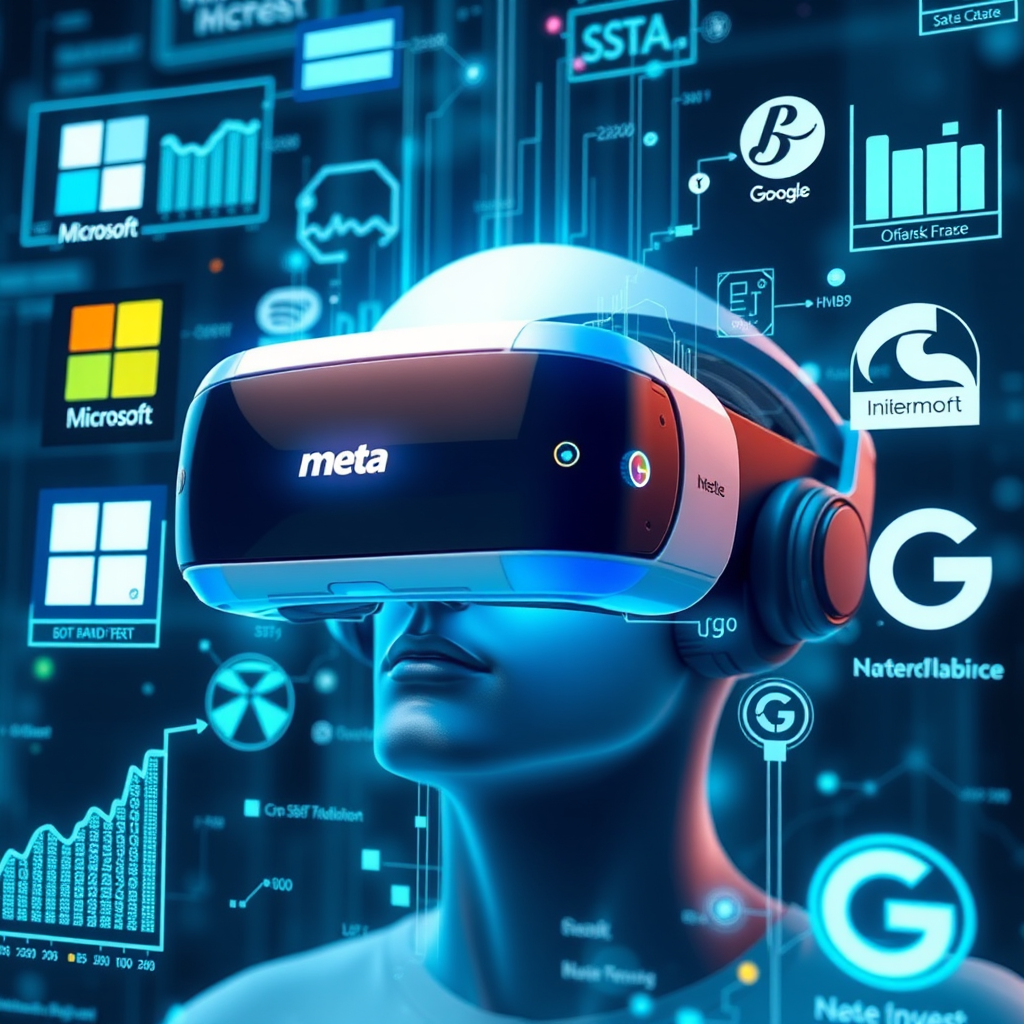 Futuristic virtual reality headset surrounded by holographic financial charts and tech company logos including Microsoft, Meta, and Google, with glowing cyan and blue digital elements representing massive investment flows