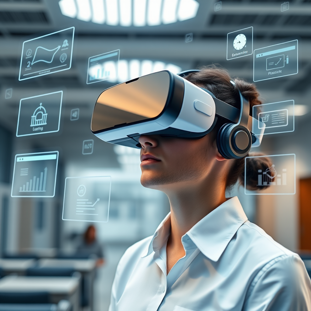 Professional wearing VR headset in modern training facility with holographic interfaces and digital learning modules floating around, showcasing immersive virtual reality training environment