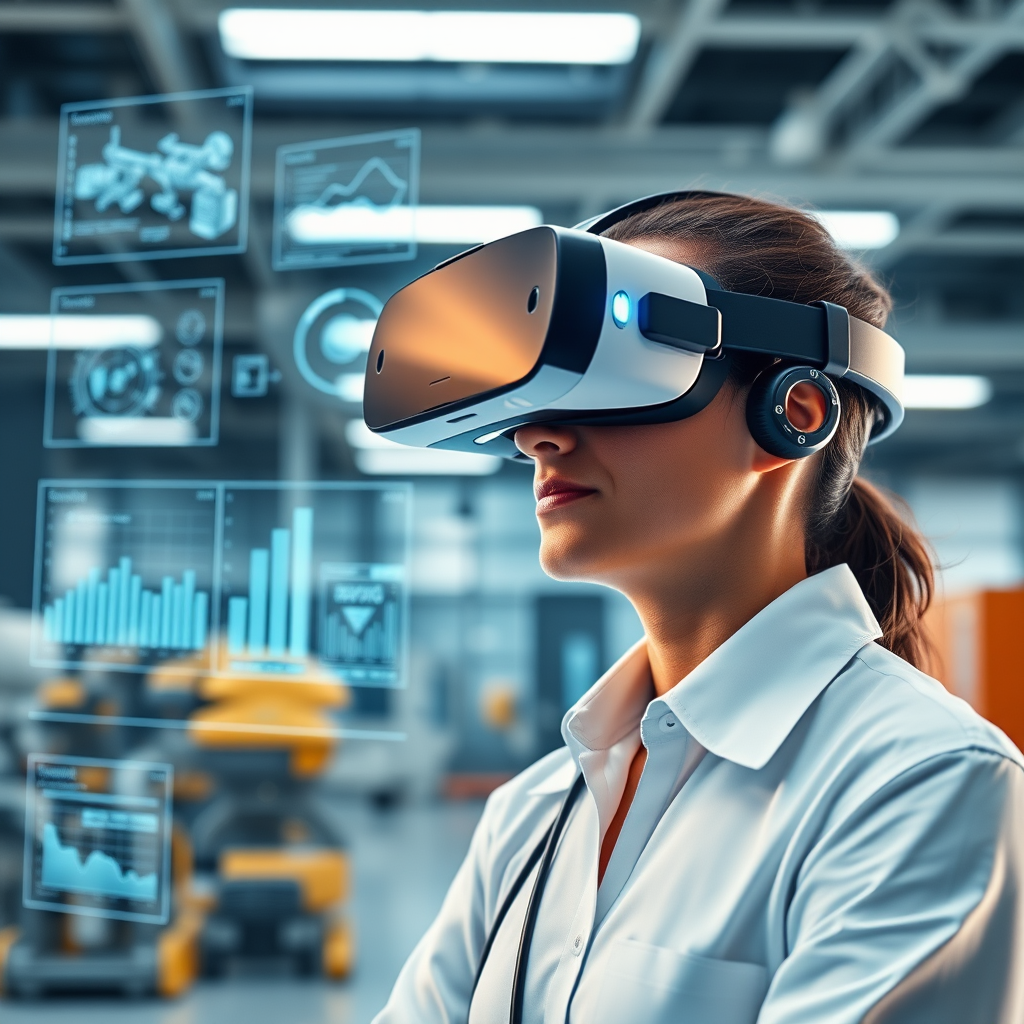 Professional wearing VR headset in modern training facility with holographic displays showing industrial machinery and data analytics overlays
