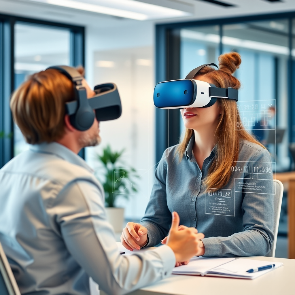 Professional using VR headset in modern office environment for productivity coaching session with virtual workflow optimization interface
