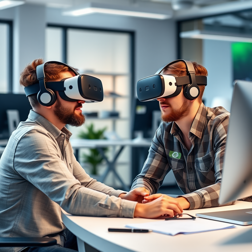 VR developers creating custom virtual reality training modules with advanced 3D modeling software and VR headsets in a modern tech workspace