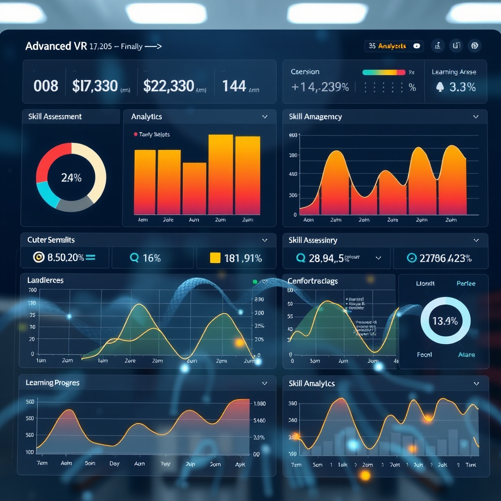 Advanced VR analytics dashboard showing skill assessment metrics, performance graphs, and learning progress indicators with holographic data visualization