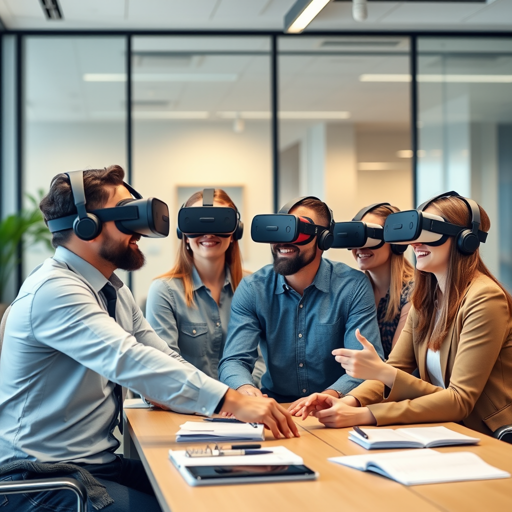 Professional team implementing VR technology in modern office environment with multiple VR headsets and consultation materials