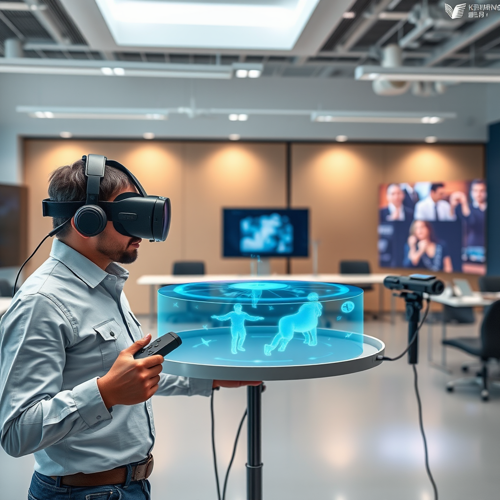 Advanced VR learning technology setup with headsets, controllers, and holographic displays in a modern training facility