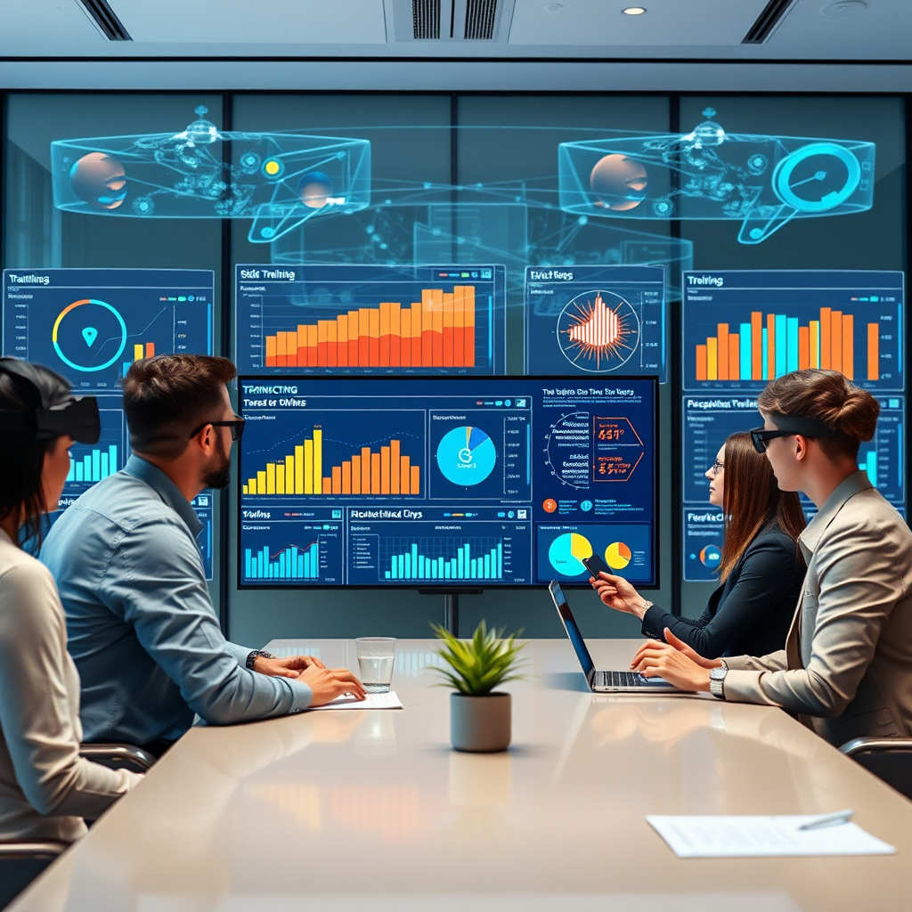 Business professionals in a modern conference room analyzing VR training data on large displays, showing productivity charts and skill acquisition metrics with holographic VR interfaces in the background