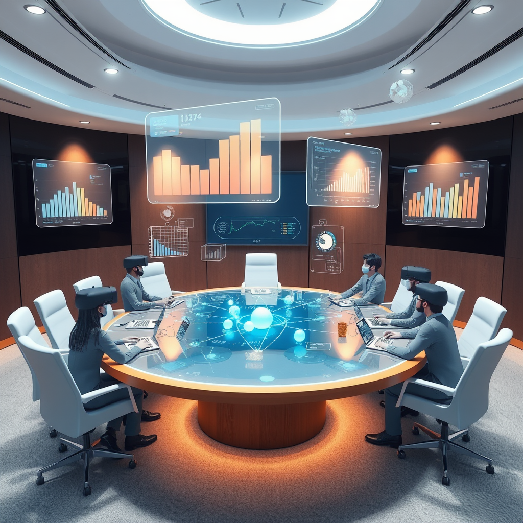 Virtual reality meeting room with floating holographic charts, 3D data visualizations, and avatars of team members collaborating around a digital conference table