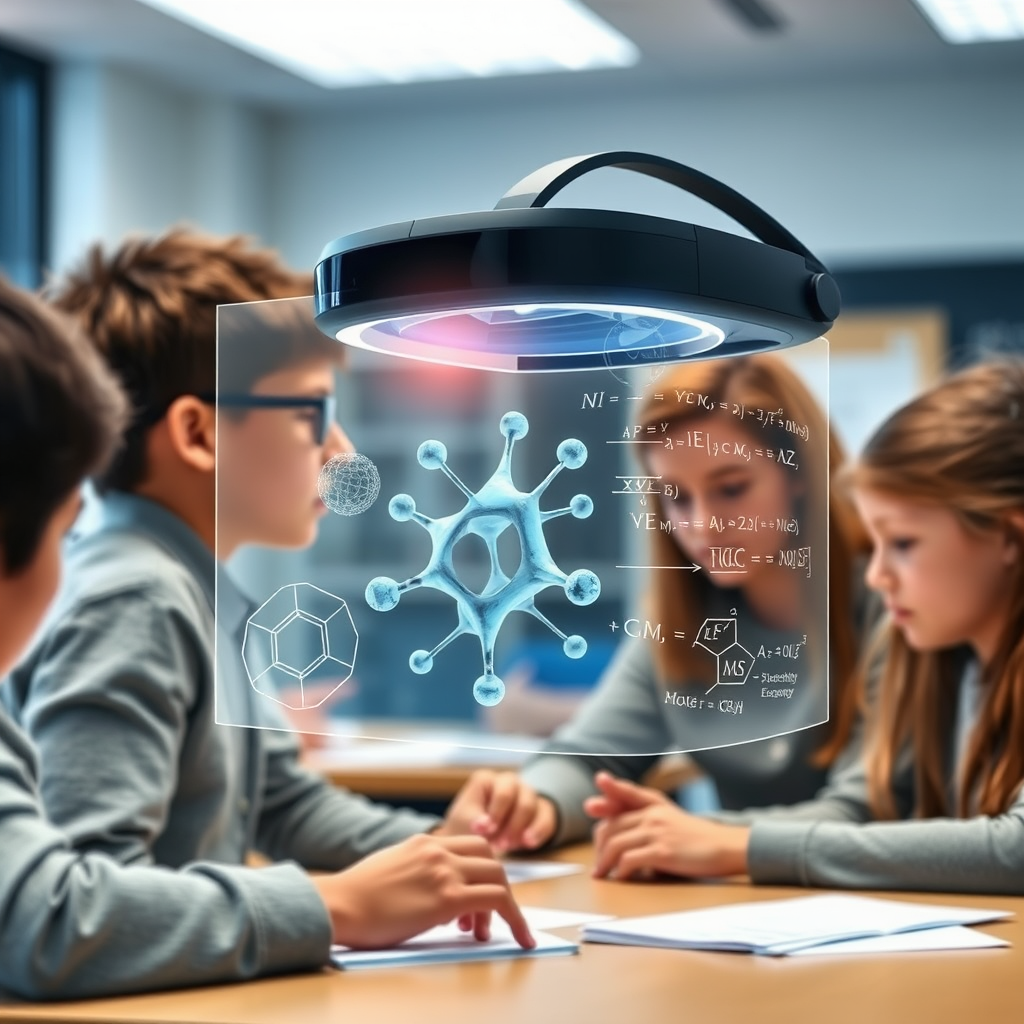 Microsoft HoloLens headset displaying holographic educational content with students interacting with 3D molecular structures and mathematical equations in a modern classroom setting