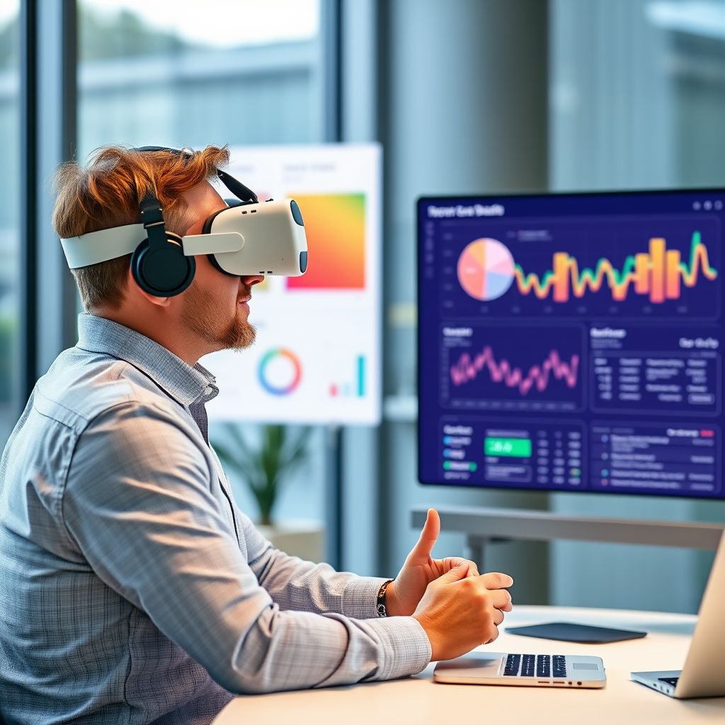 Professional coach working with client using VR headset and productivity analytics dashboard, showing workflow optimization and time management training in virtual environment