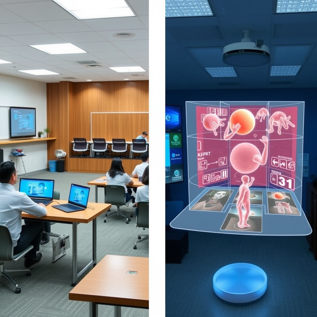Split-screen view showing traditional classroom training on left versus immersive VR training environment on right with 3D holographic elements and interactive simulations