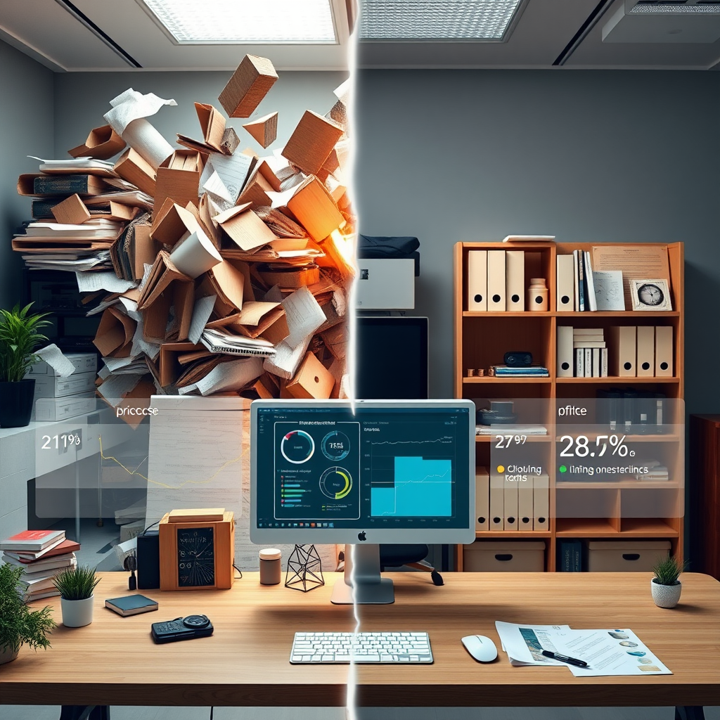 Split screen showing chaotic disorganized workspace transforming into streamlined efficient workflow with VR coaching overlay displaying productivity metrics and improvement suggestions