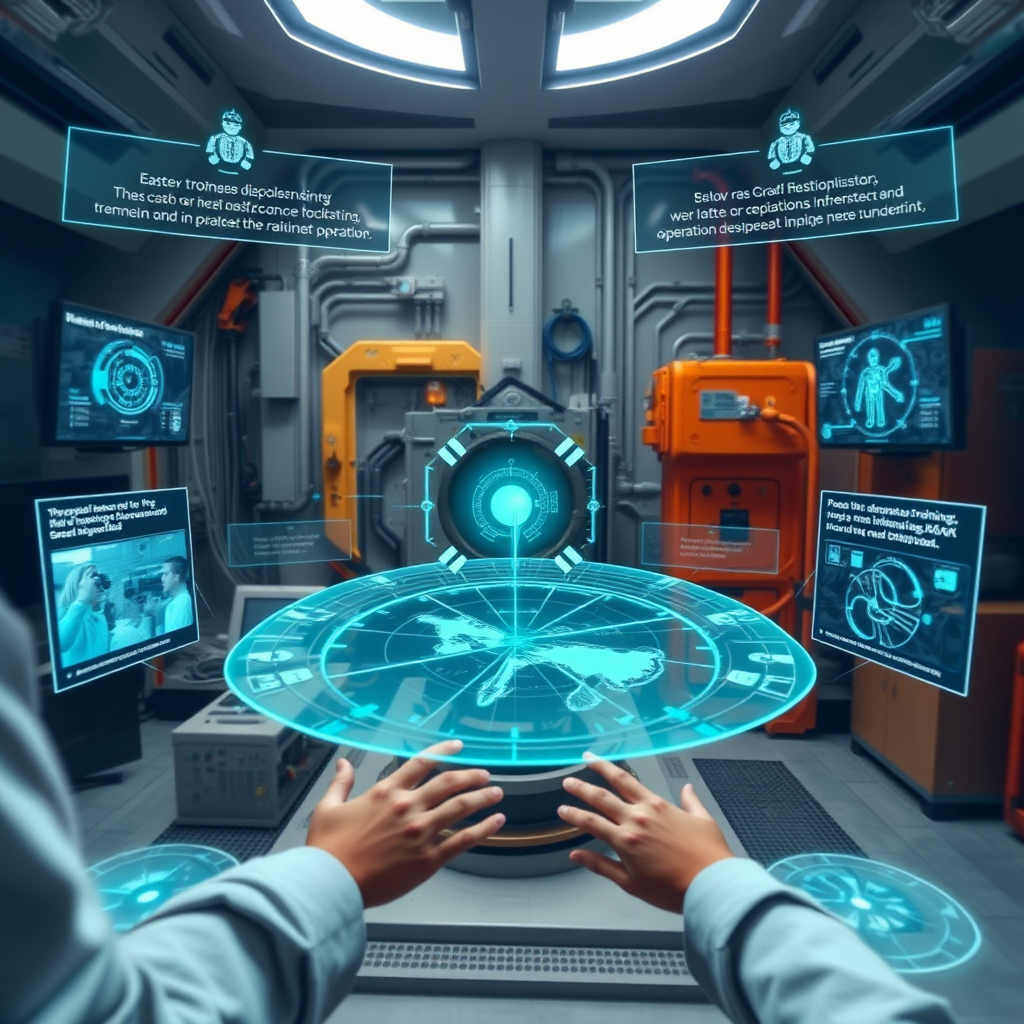 Immersive VR training simulation showing technical equipment operation with holographic interfaces and step-by-step guided instructions