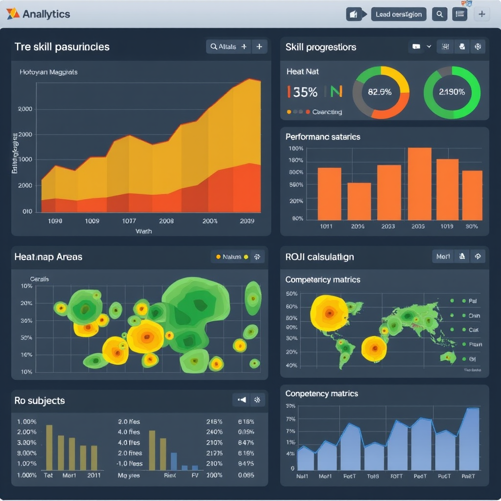 Detailed analytics interface showing skill progression charts, heat maps of performance areas, competency matrices, and ROI calculations with interactive data visualization elements