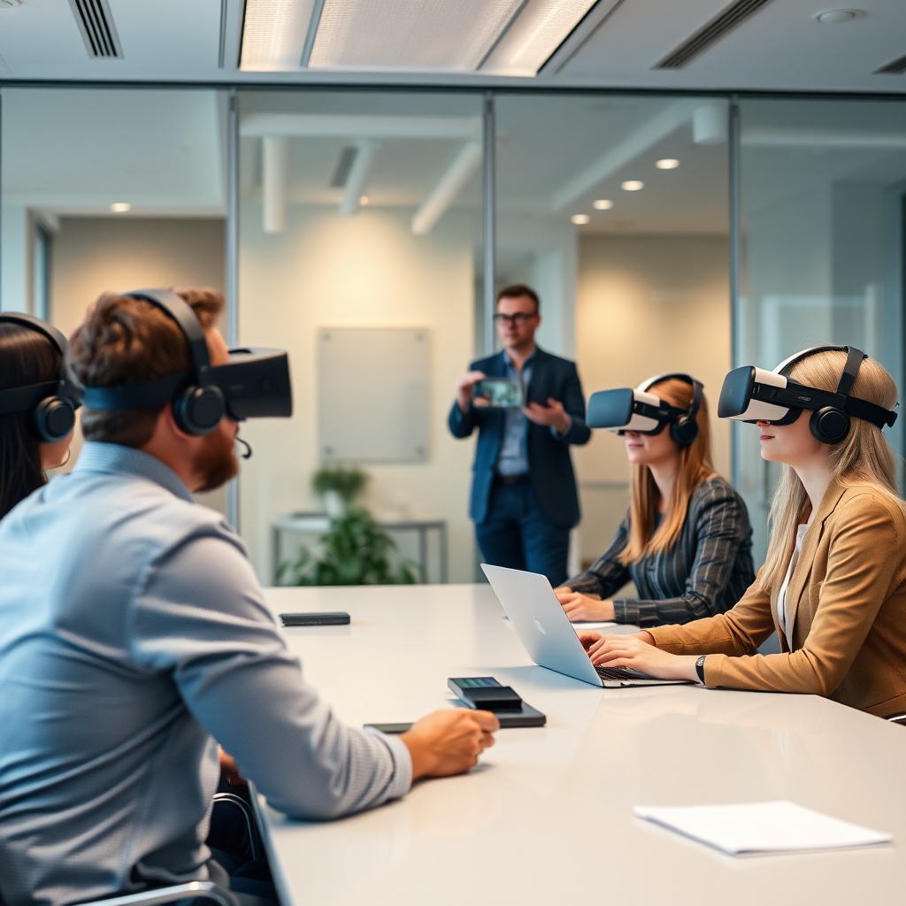 Corporate training session with employees using VR headsets in modern conference room with instructor providing guidance