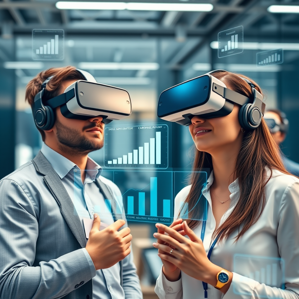 Corporate professionals wearing VR headsets in a modern training facility, with holographic skill development charts and progress indicators floating around them, showcasing accelerated learning in a high-tech environment