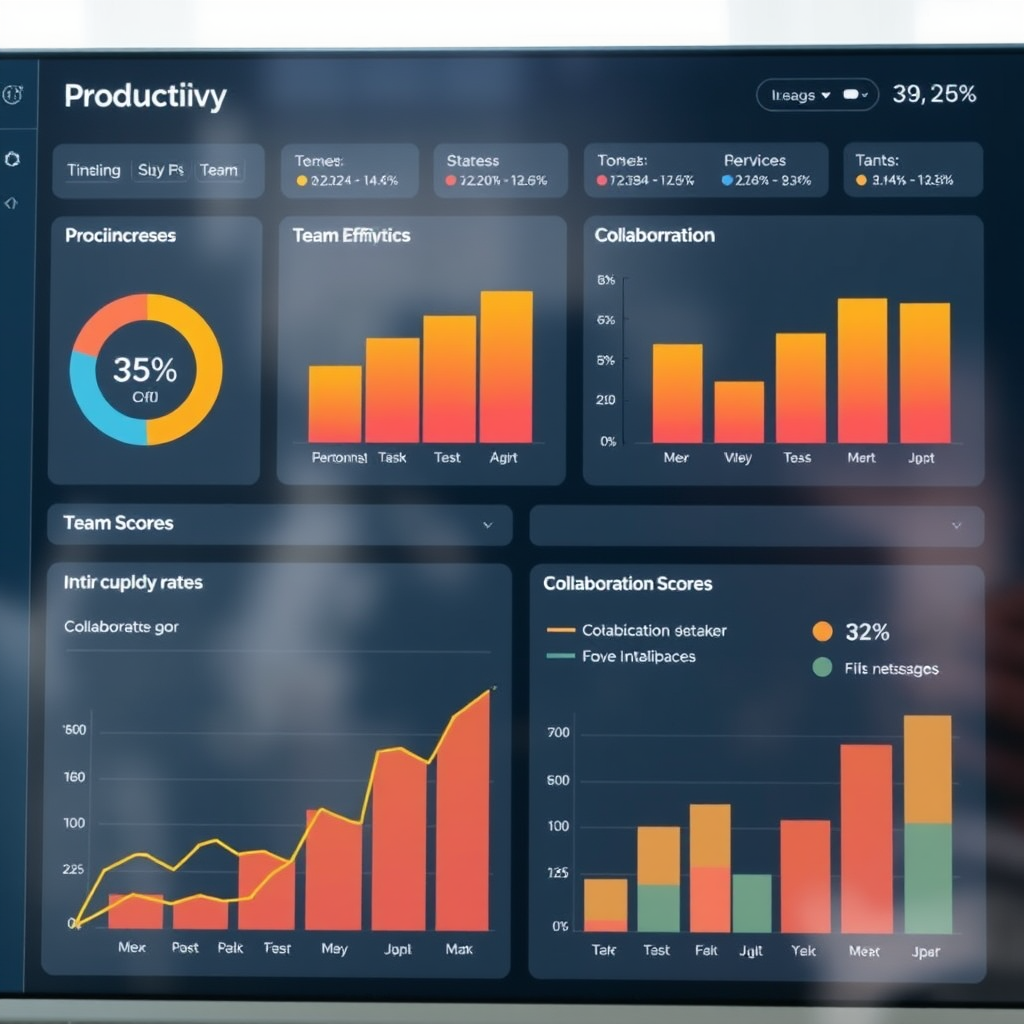 Dashboard showing productivity metrics and analytics with graphs displaying 35% increase in team efficiency, task completion rates, and collaboration scores