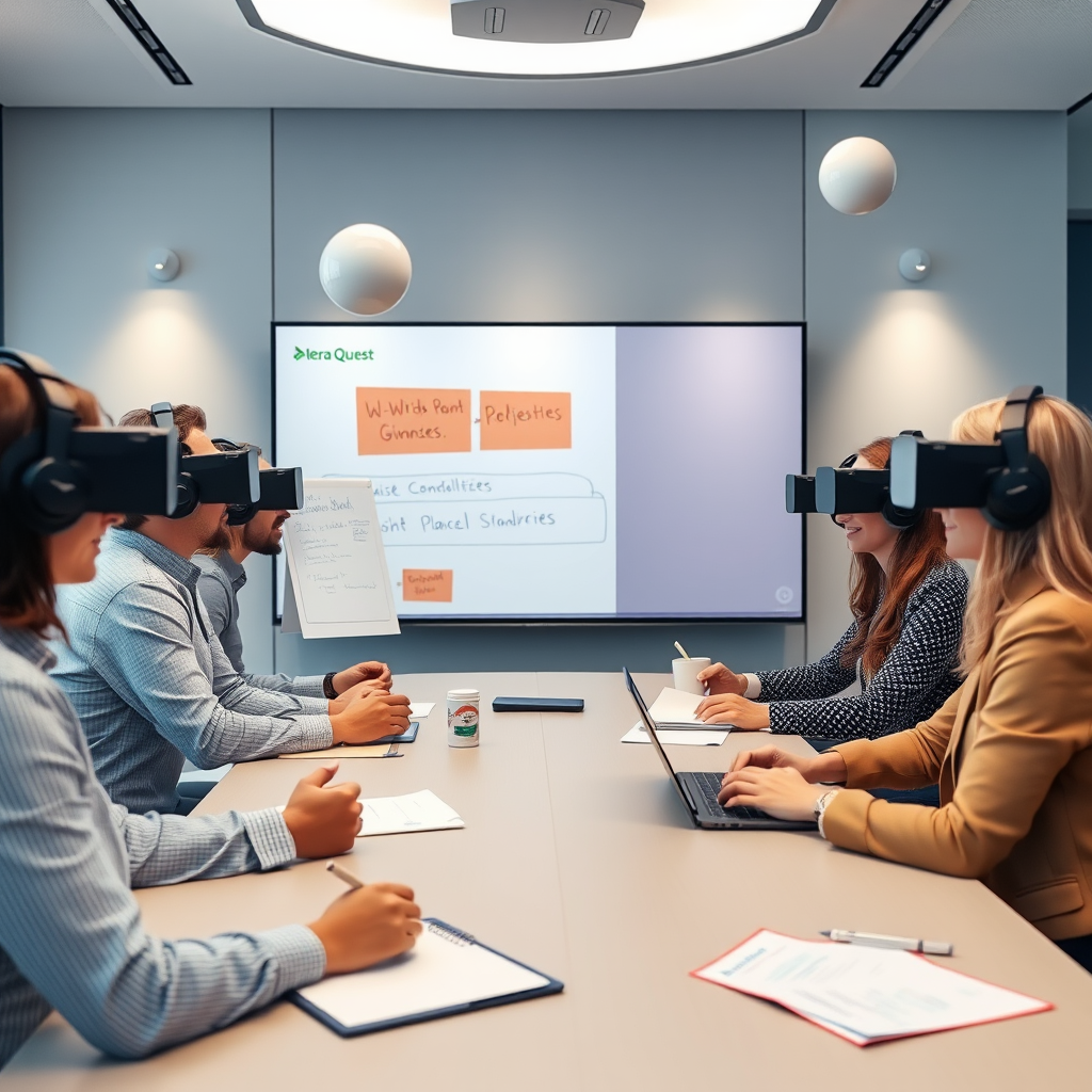Meta Quest headset users collaborating in a virtual meeting room with floating whiteboards, 3D presentations, and avatars engaged in professional training scenarios