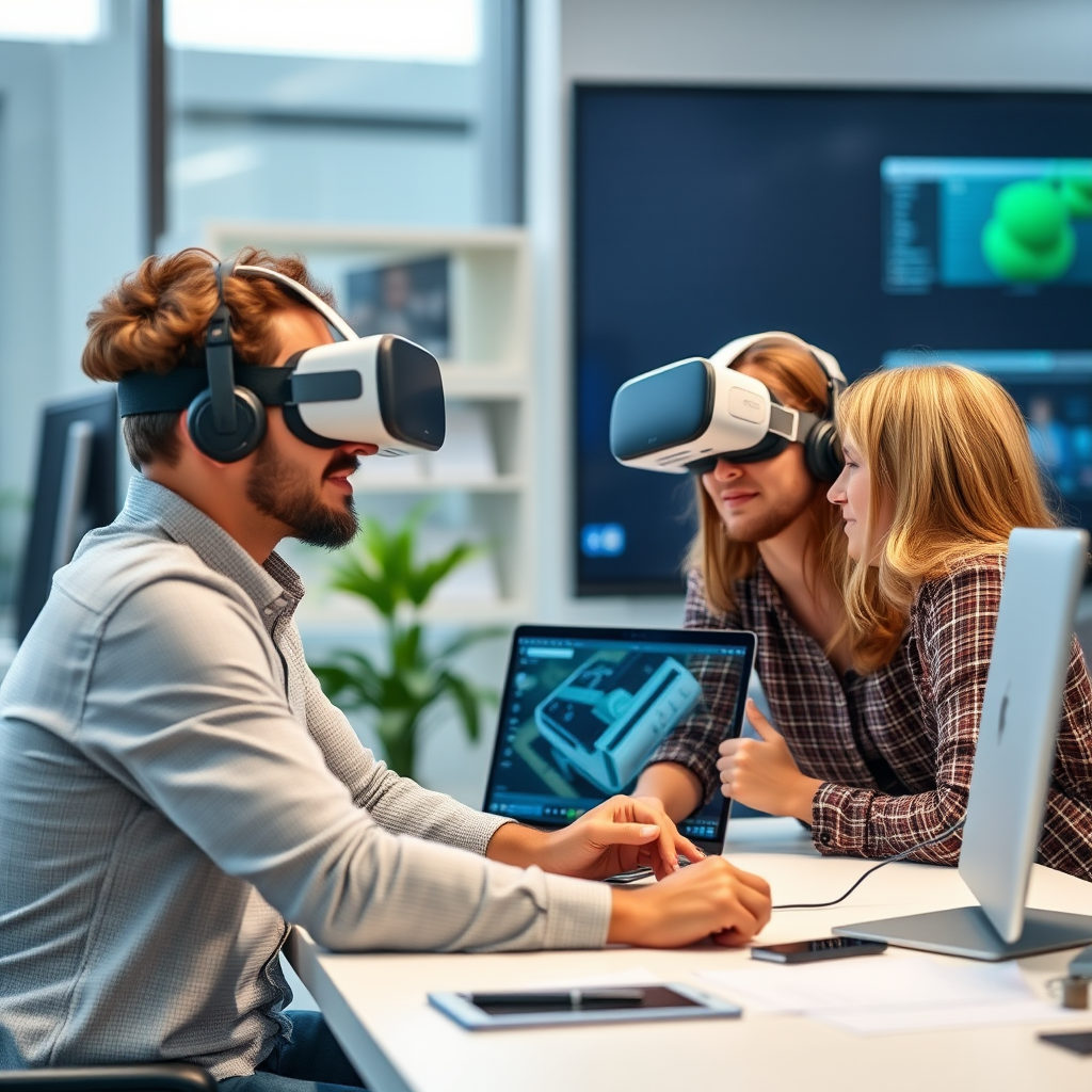 Development team creating custom VR learning modules with 3D modeling software, showing tailored virtual reality experiences being built for specific organizational needs