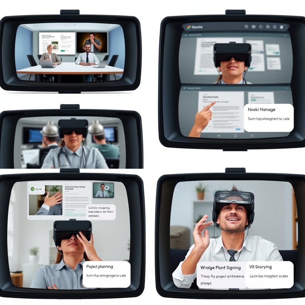 Multiple VR screens showing different productivity scenarios including meeting management, email organization, project planning, and stress management techniques with coaching feedback overlays