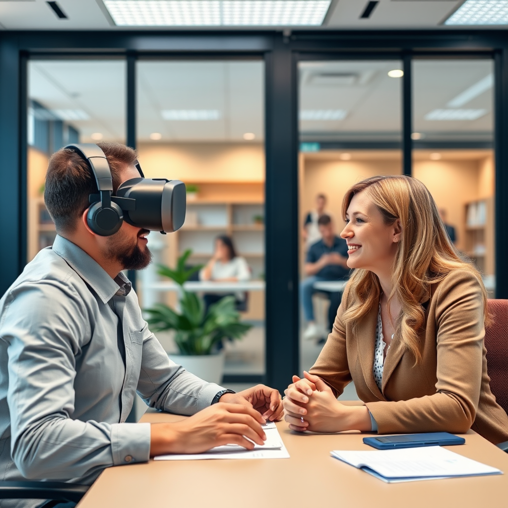 Virtual reality soft skills training scenario showing professional communication and leadership development in realistic office environments