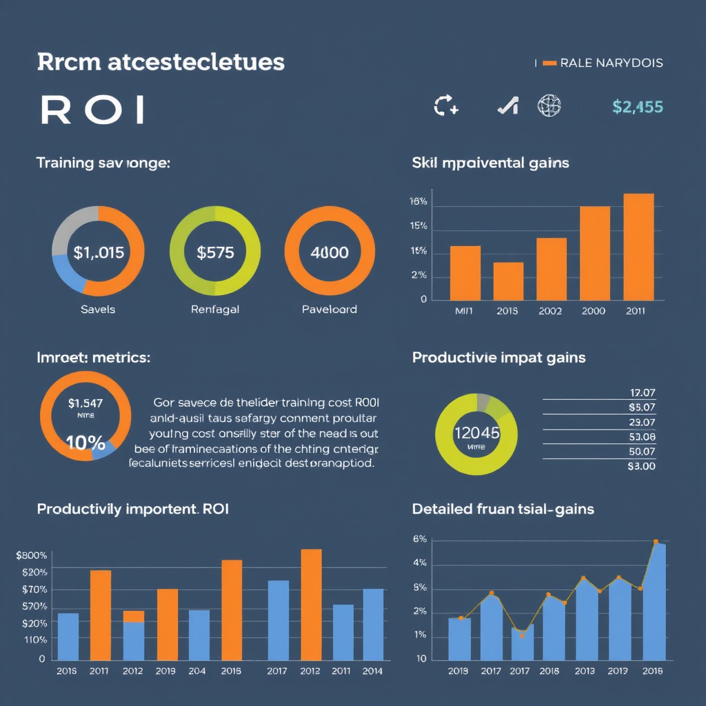 Comprehensive ROI analytics report showing training cost savings, skill improvement metrics, productivity gains, and detailed financial impact analysis with charts and graphs