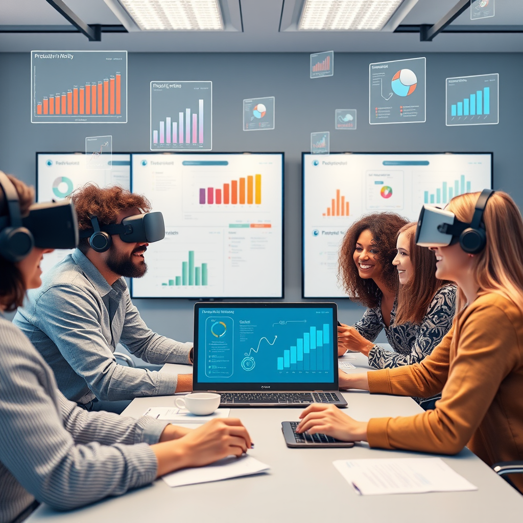 Diverse remote team members collaborating in a virtual reality workspace with floating productivity metrics, digital whiteboards, and 3D data visualizations, demonstrating enhanced teamwork in an immersive digital environment