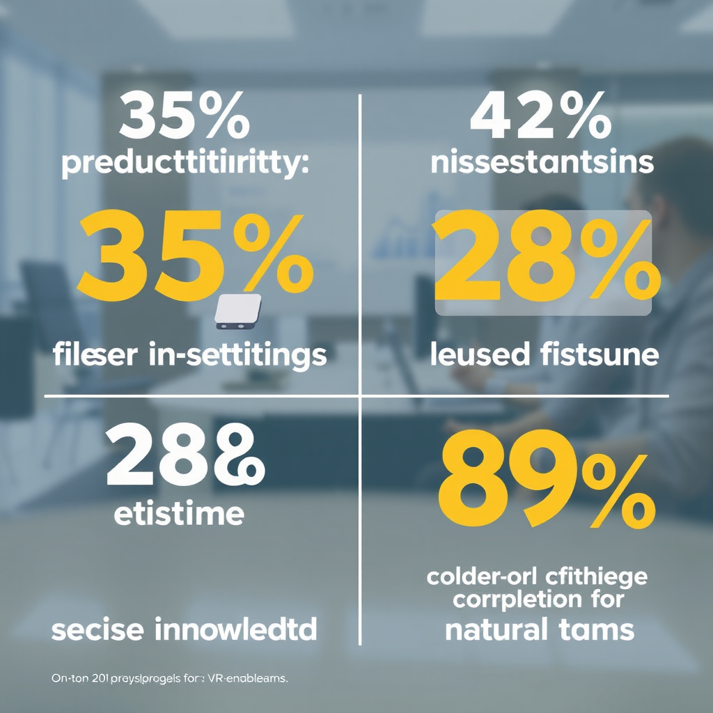 Infographic showing statistics: 35% productivity increase, 42% fewer misunderstandings, 28% less meeting fatigue, and 89% on-time project completion rates for VR-enabled teams