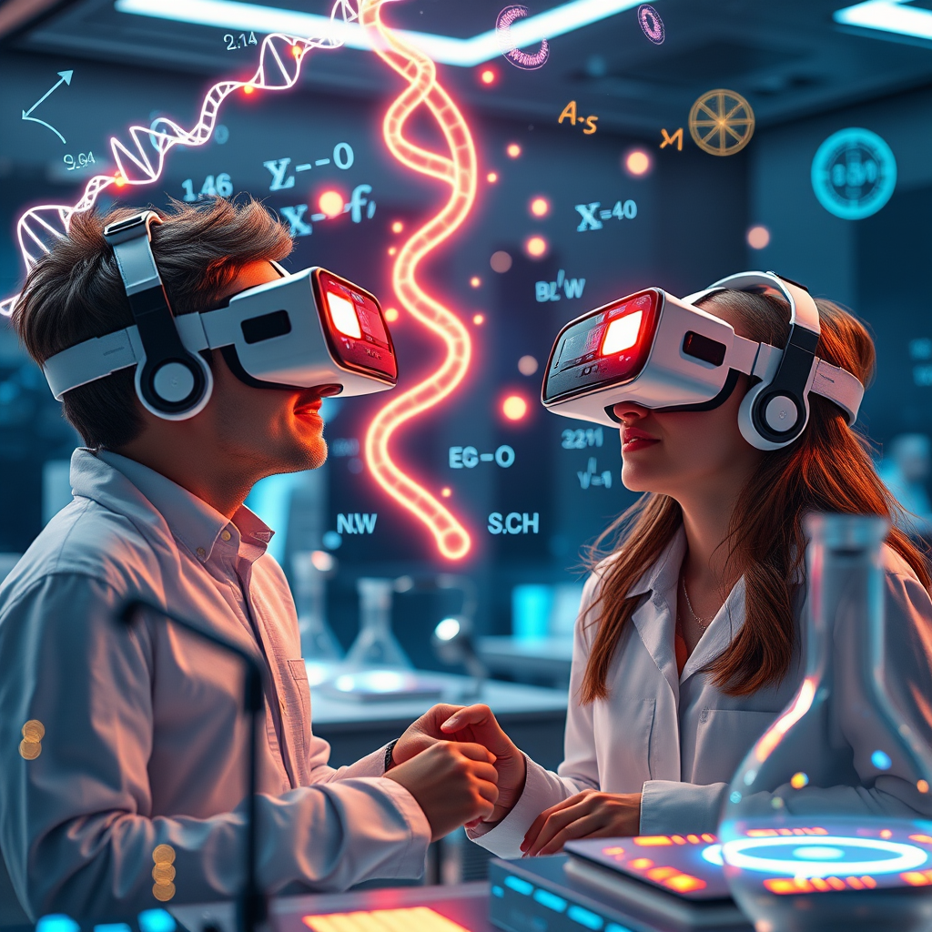 Futuristic VR learning environment showing students wearing advanced headsets while interacting with holographic DNA structures, mathematical equations floating in space, and virtual laboratory equipment with glowing neon interfaces