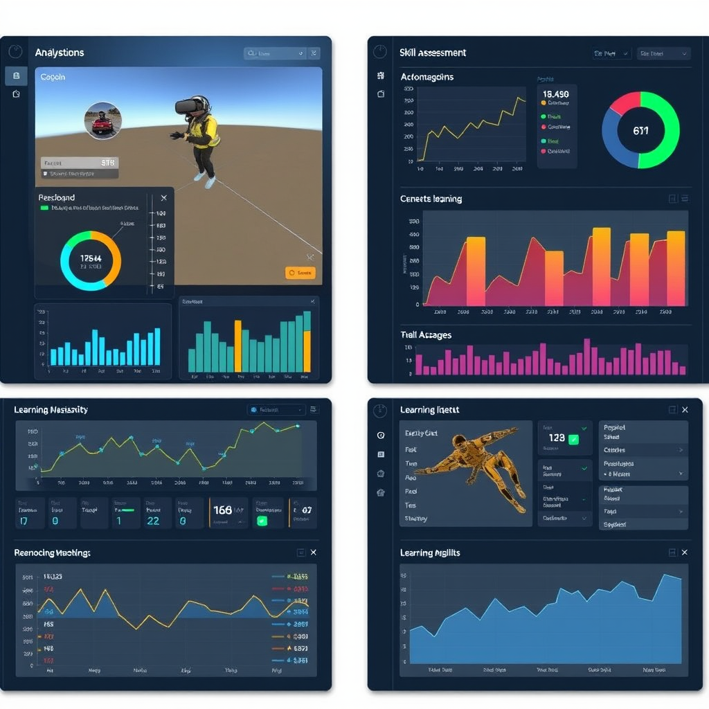 Advanced analytics dashboard displaying VR-based skill assessment data with performance metrics, progress charts, and detailed learning insights on multiple screens