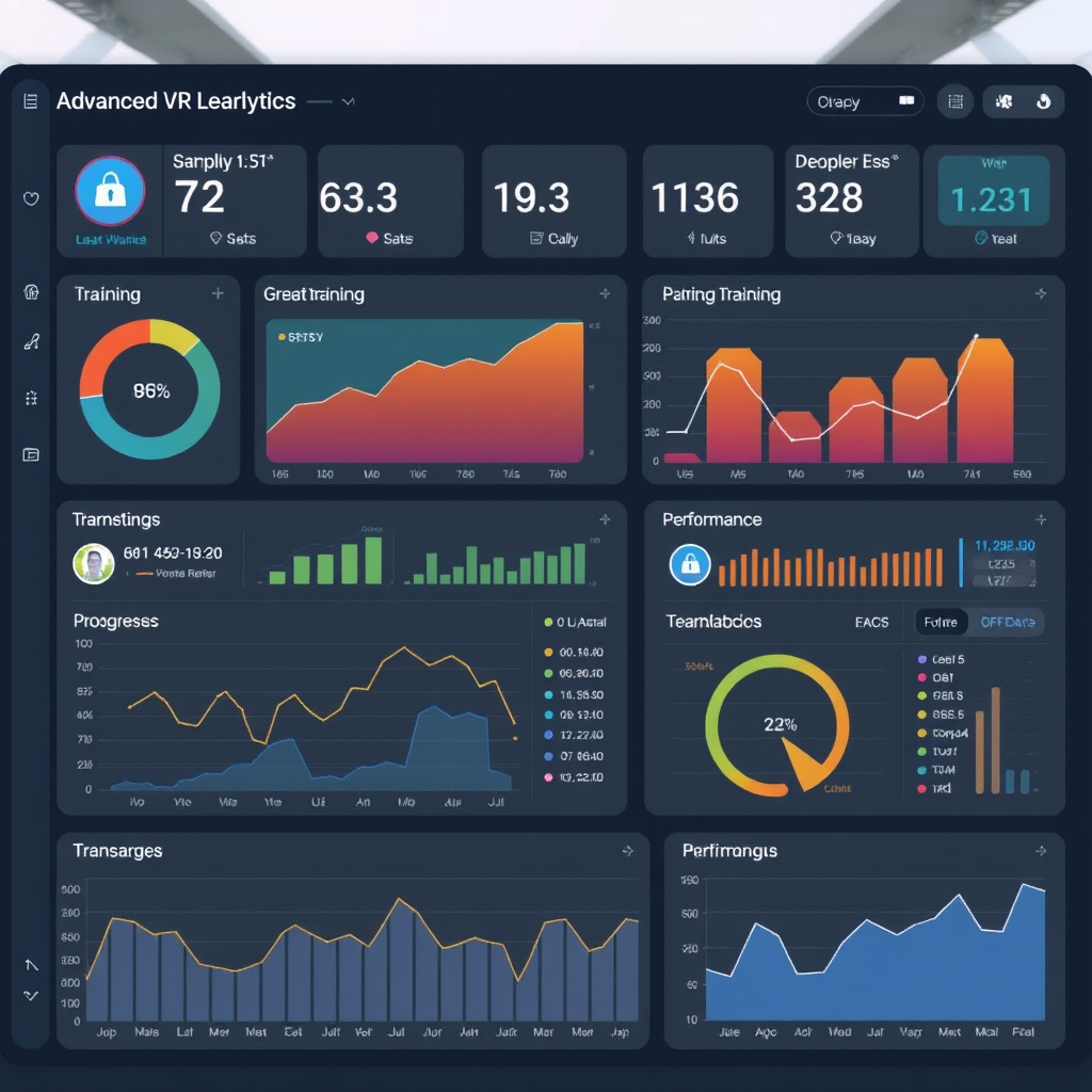 Advanced VR learning analytics dashboard displaying real-time training metrics, progress tracking, and performance insights with interactive data visualizations