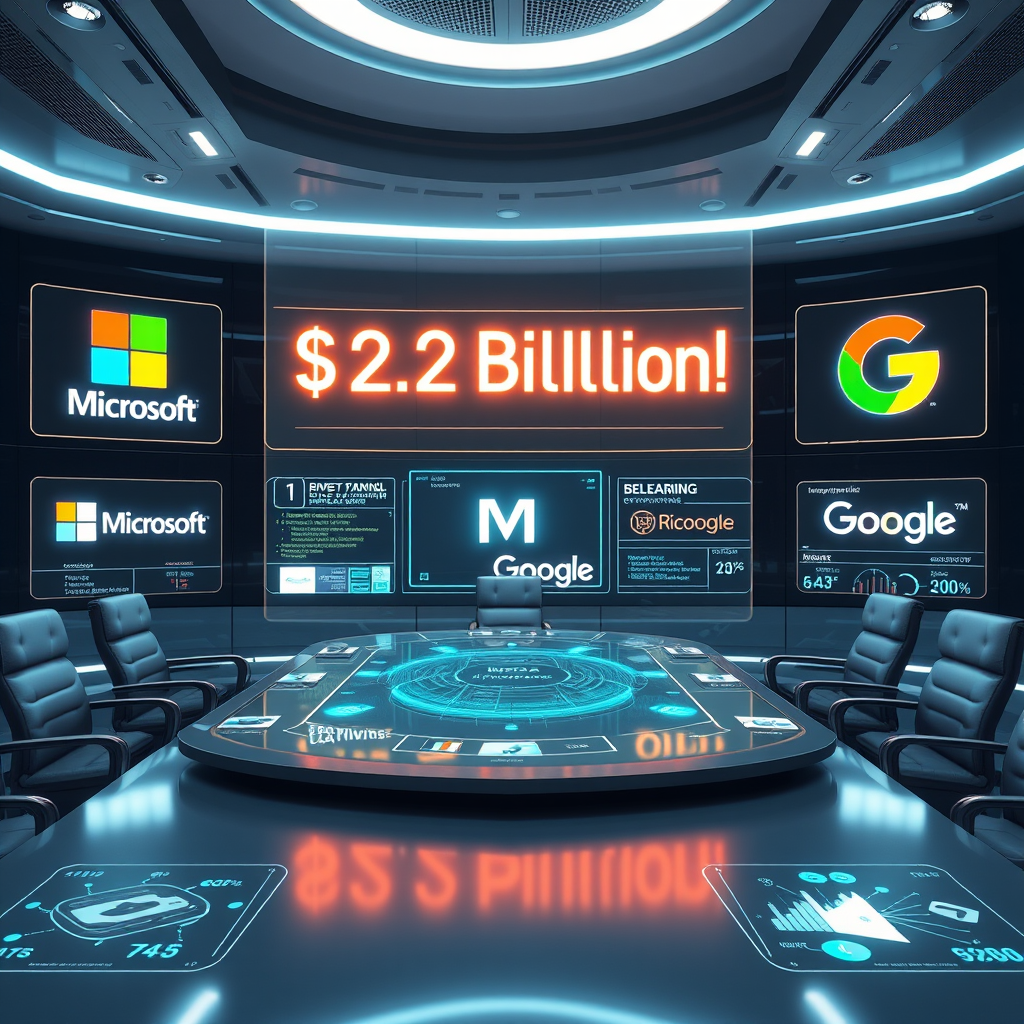 Futuristic boardroom with holographic displays showing $2.3 billion investment figures, tech company logos (Microsoft, Meta, Google), and VR learning platform interfaces with glowing financial charts and innovation metrics