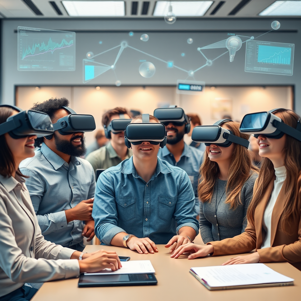 Diverse group of professionals and students using various VR headsets in a modern learning environment with holographic interfaces, floating data visualizations, and collaborative virtual workspaces showcasing the future of education technology