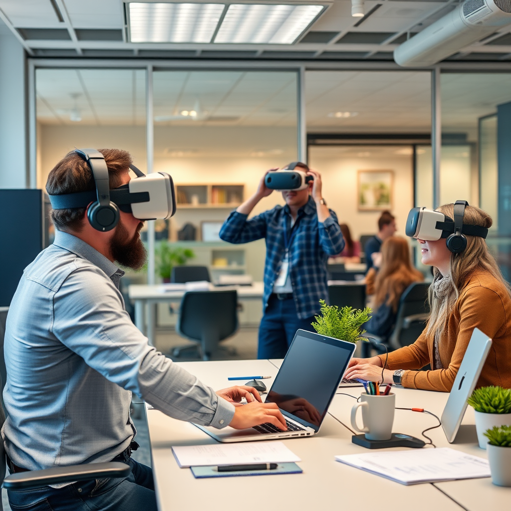 Enterprise office environment with VR implementation team setting up hardware, training staff, and integrating virtual reality learning systems into existing corporate infrastructure